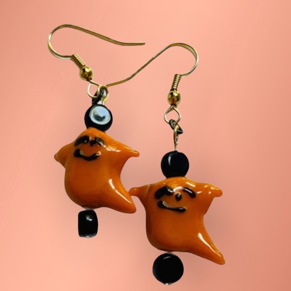 Hand Crafted Jewelry - Cute Orange Ghost Earrings Dangle